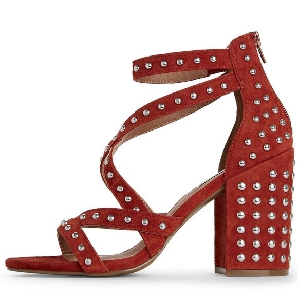 FARA-S Steve Madden Studded Rust Orange Suede Chunky Block Heel Strappy Sandal - Picture 1 of 15